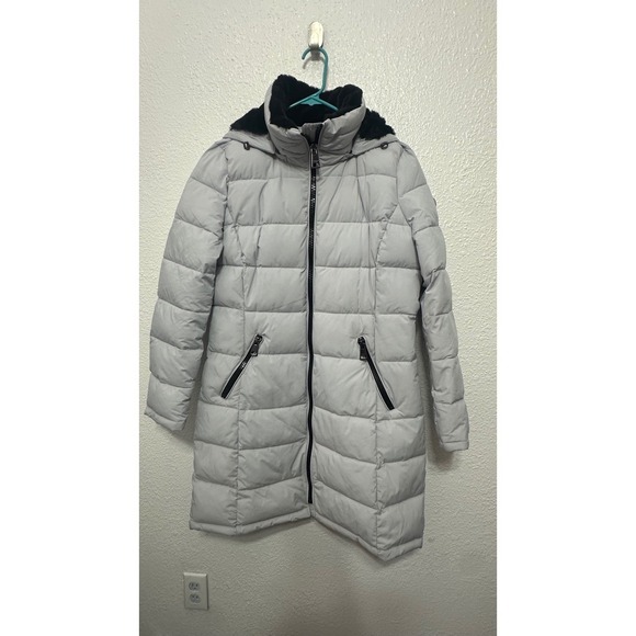 Andrew Marc Stretch Light Gray Hooded Puffer Parka Coat Faux Fur Collar Womens M